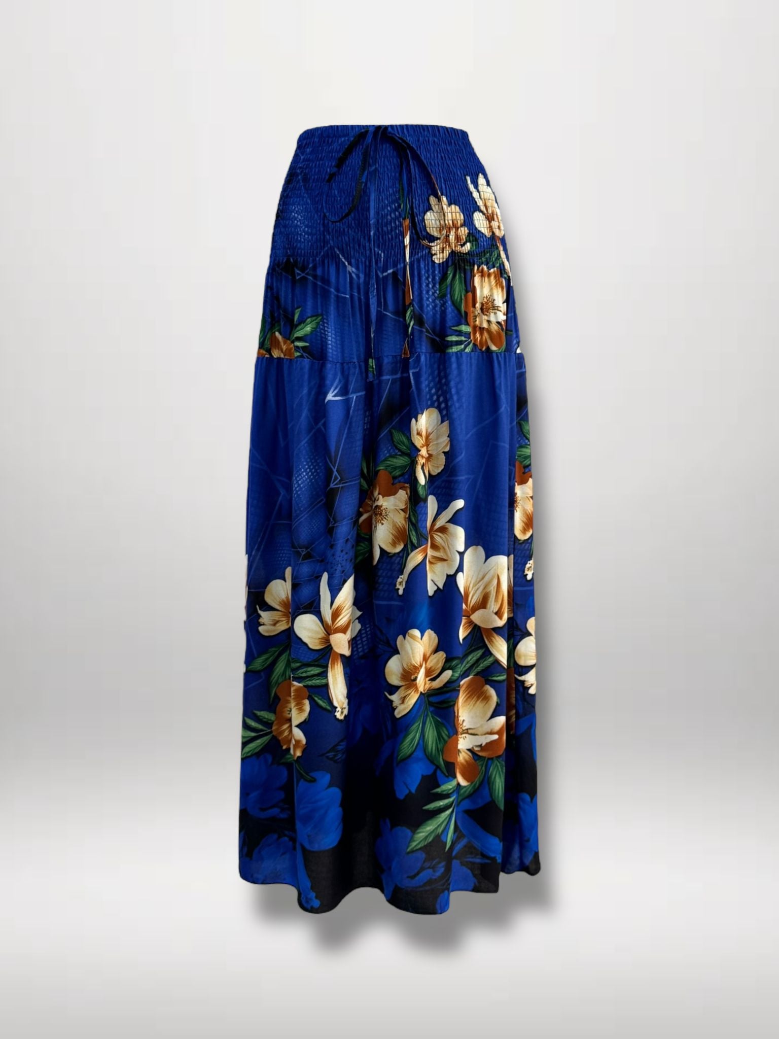 Rekbare blauwe rok met bloemen print