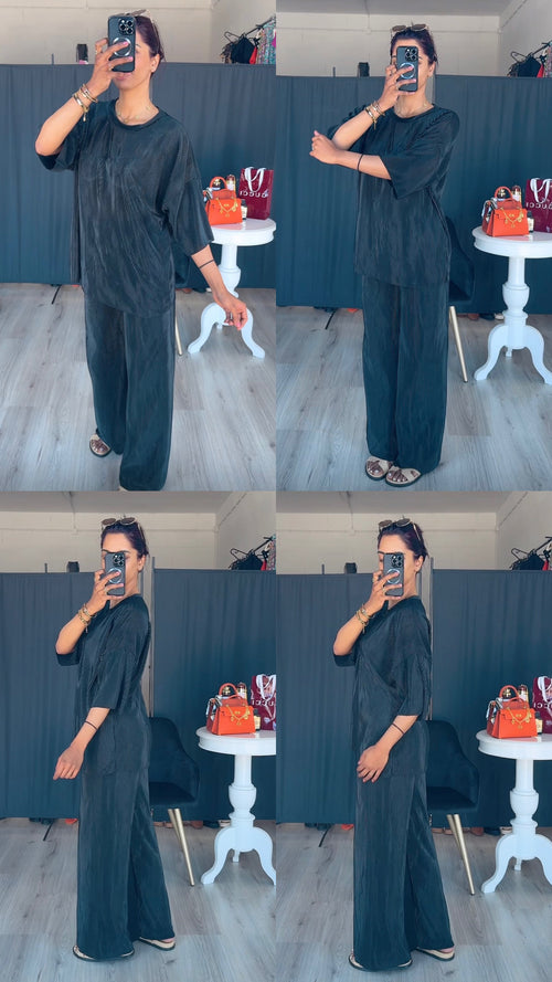 Plisse oversized blouse met korte mouwen en rekbare broek cream