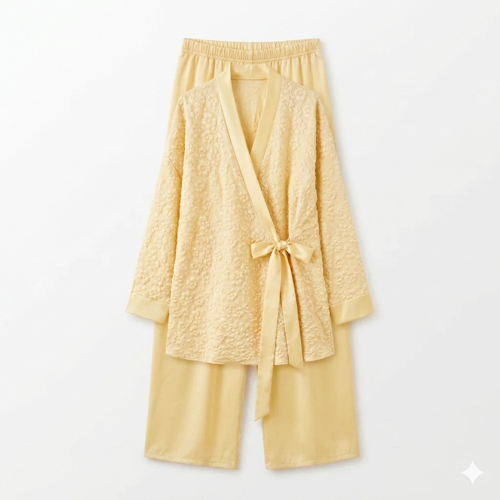 Bloemen kimono met satijnen broek - yellow