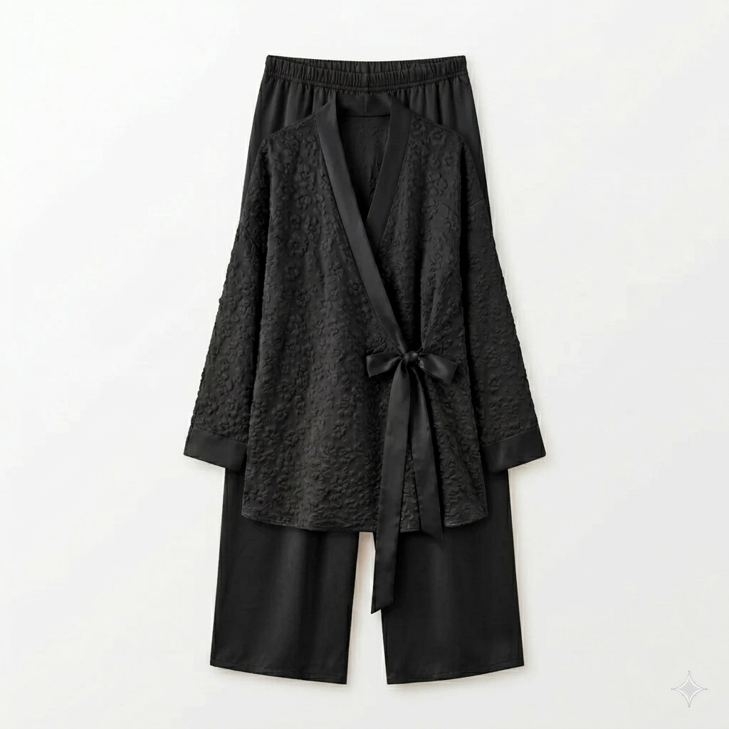 Bloemen kimono met satijnen broek - zwart
