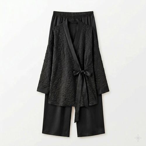 Bloemen kimono met satijnen broek - zwart