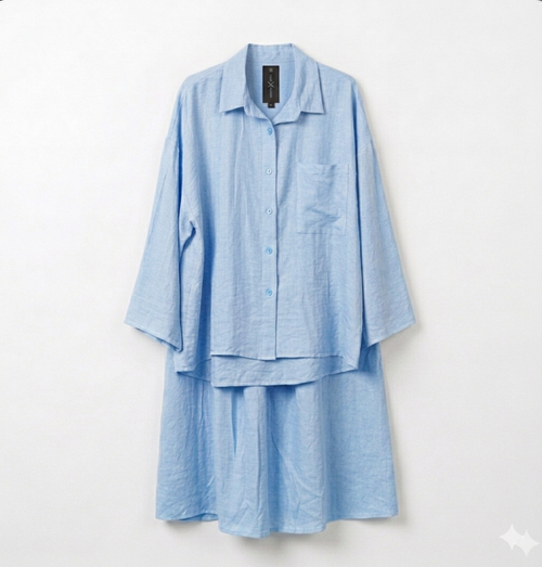 Oversized blouse met lange rok - licht blauw van viscose