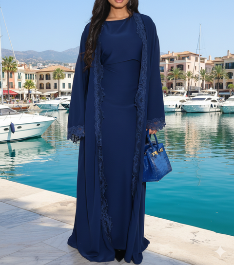 Lace kimono set met kanten details - onderjurk met kimono navy