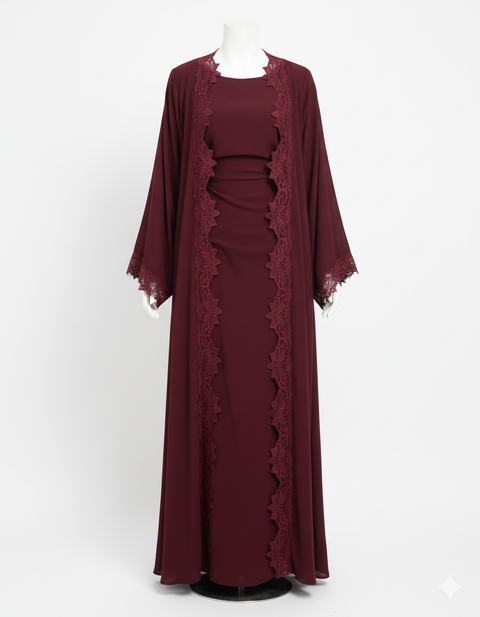 Lace kimono set met kanten details - onderjurk met kimono burgundy