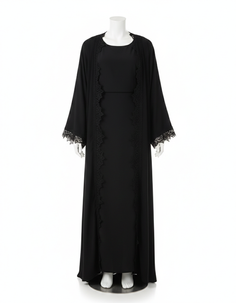 Lace kimono set met kanten details - onderjurk met kimono zwart