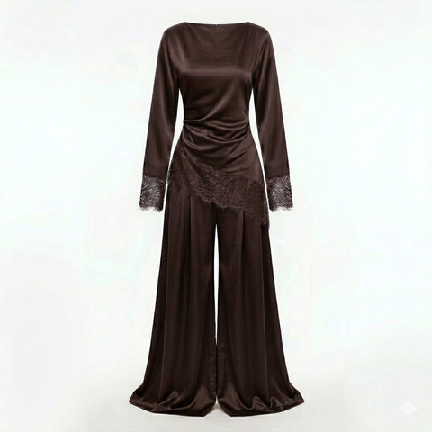 Velvet wine pants set - donker bruin
