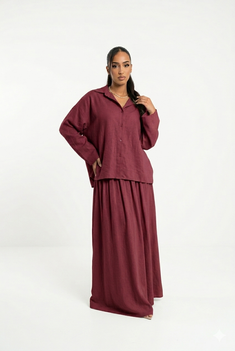 Oversized blouse met lange rok - burgundy van viscose PRE ORDER