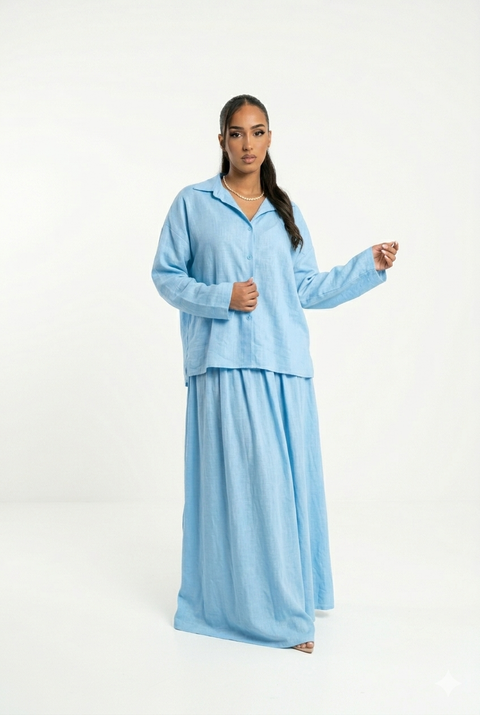 Oversized blouse met lange rok - licht blauw van viscose PRE ORDER