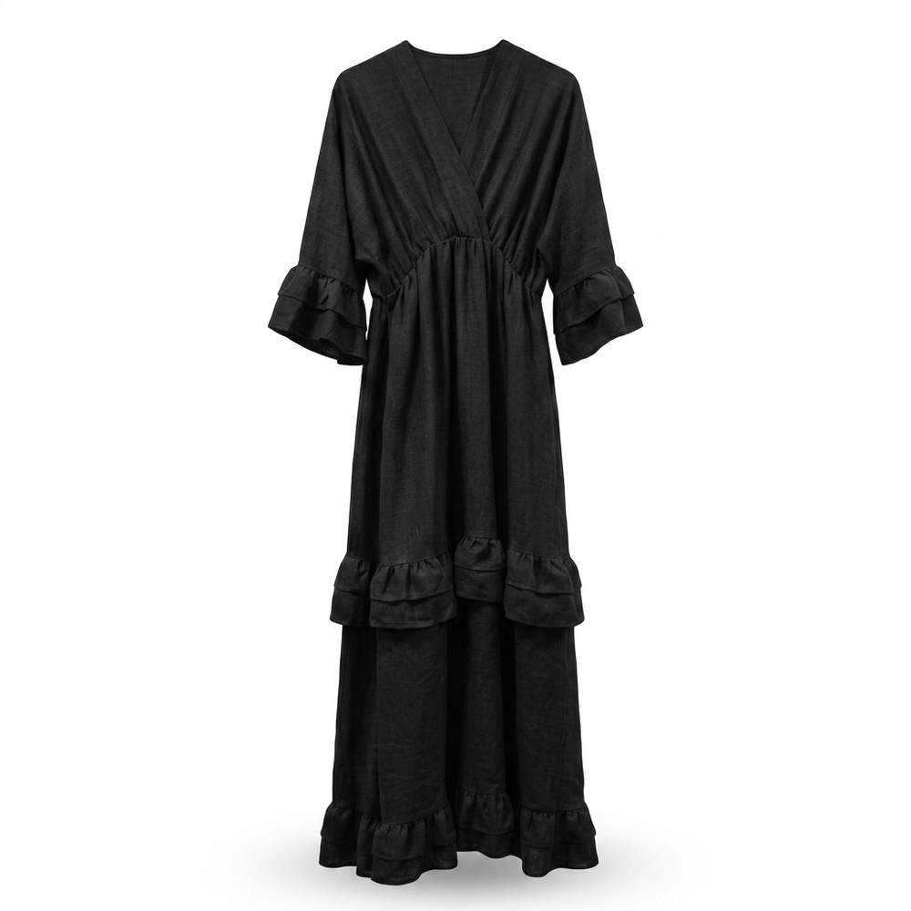 Ruffles jurk met korte v hals - zwart