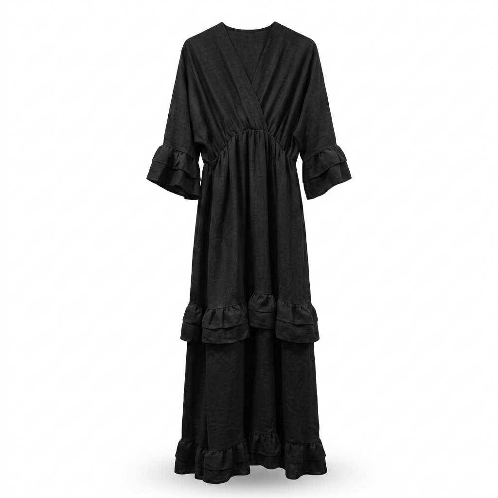 Ruffles jurk met korte v hals - zwart