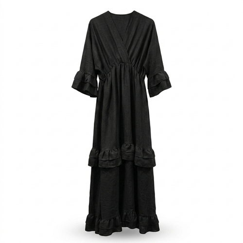 Ruffles jurk met korte v hals - zwart