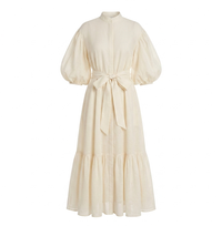 Flora - pof mouwen beige jurk met band
