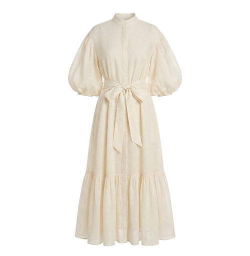 Flora - pof mouwen beige jurk met band