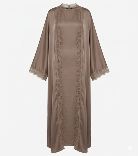 Lace kimono set met kanten details - onderjurk met kimono taupe dark