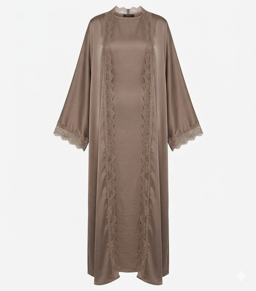 Lace kimono set met kanten details - onderjurk met kimono taupe dark