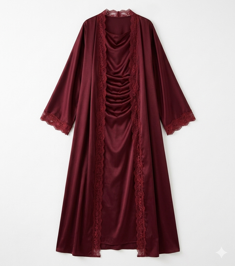 Lace kimono set met kanten details - onderjurk met kimono burgundy