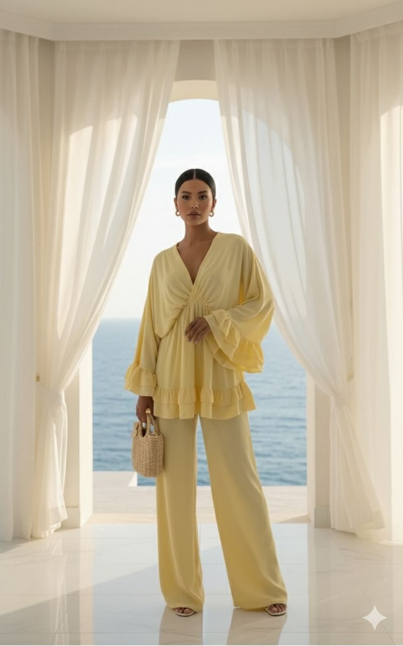 Franje mouwen oversized set geel - M6698