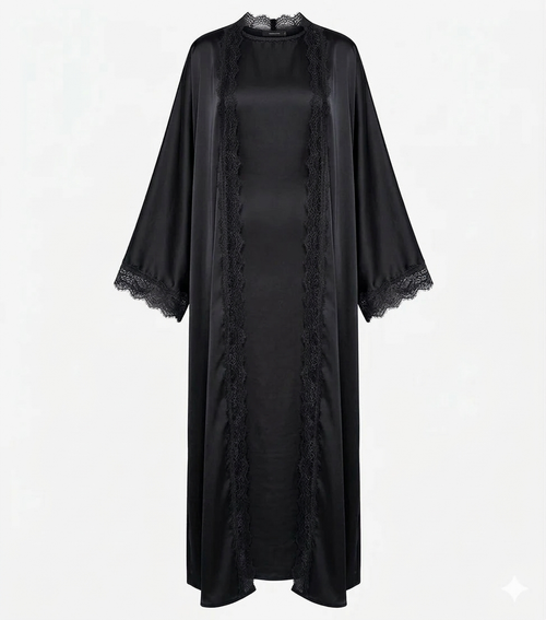 Lace kimono set met kanten details - onderjurk met kimono zwart
