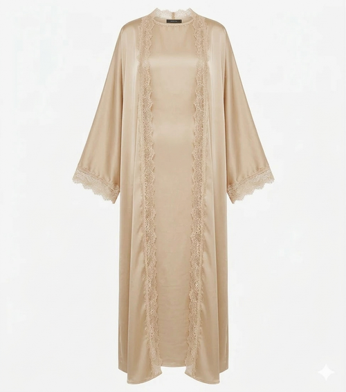 Lace kimono set met kanten details - onderjurk met kimono beige