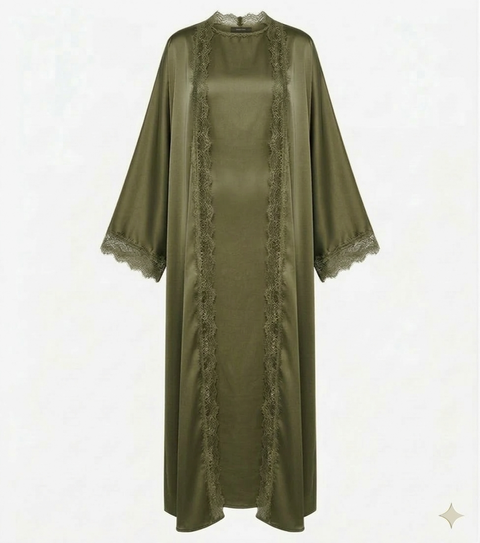 Lace kimono set met kanten details - onderjurk met kimono groen