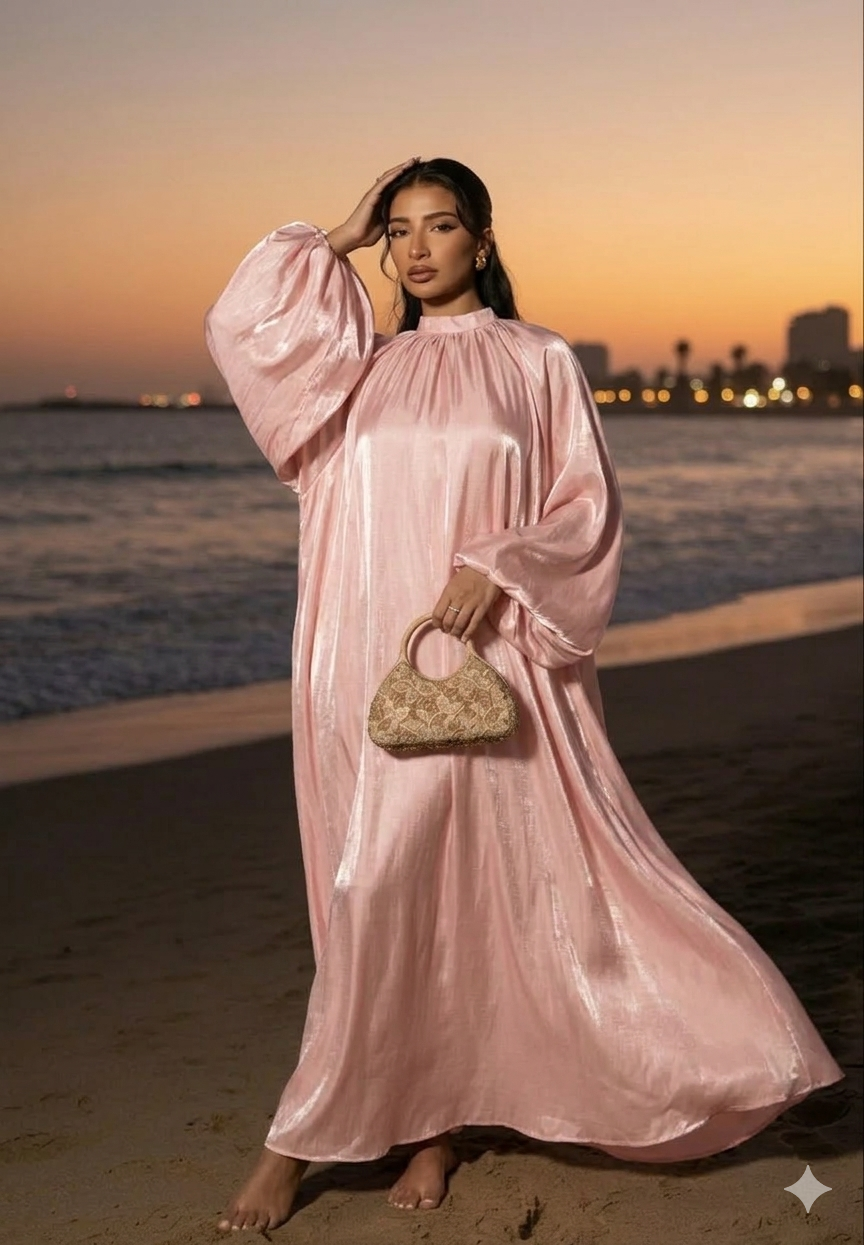 Satijnen Hooggesloten Maxi-Jurk - roze 92566