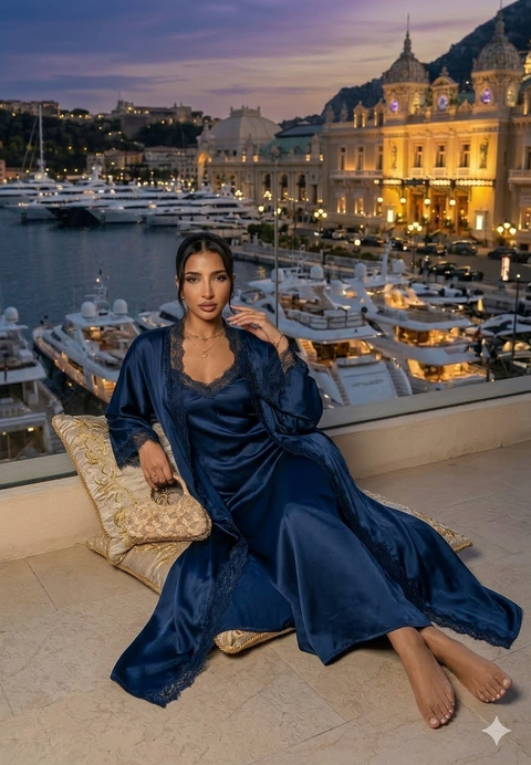 Lace kimono set met kanten details - onderjurk met kimono navy