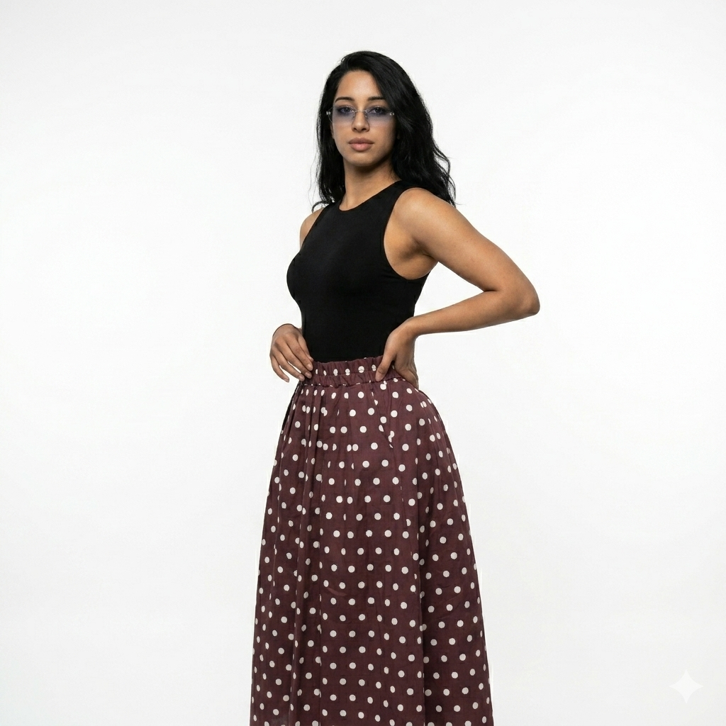 Rekbare katoenen rok - burgundy met witte stippels