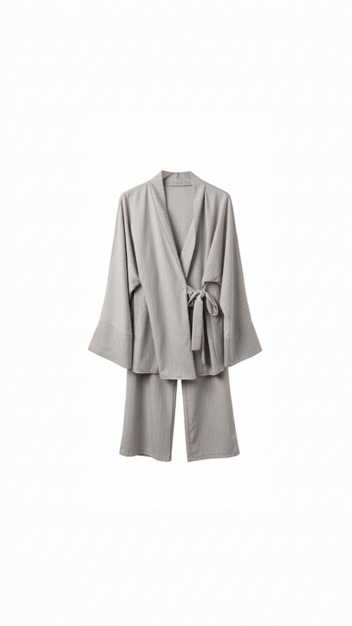 La Bohème Lente kimono pants set strepen - licht grijs