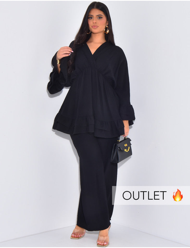 V Neck Oversized Set Ruffle Details - yellow