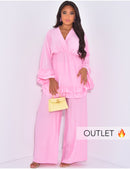 V Neck Oversized Set Ruffle Details - yellow