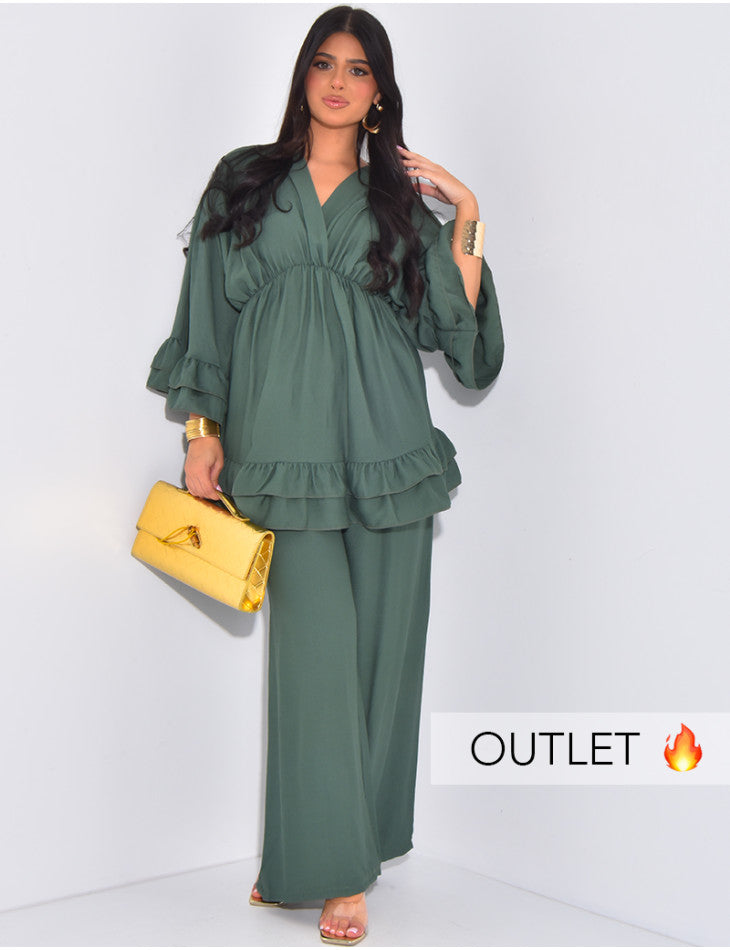 V Neck Oversized Set Ruffle Details - yellow