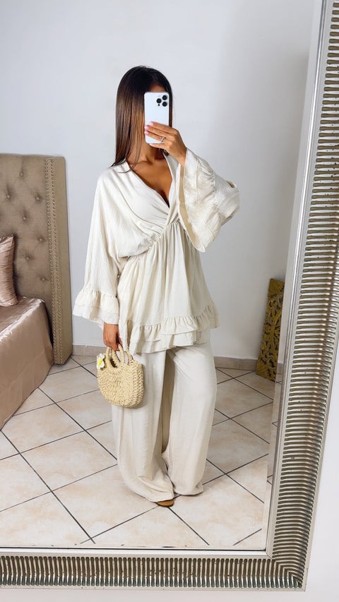 V Neck Oversized Set Ruffle Details