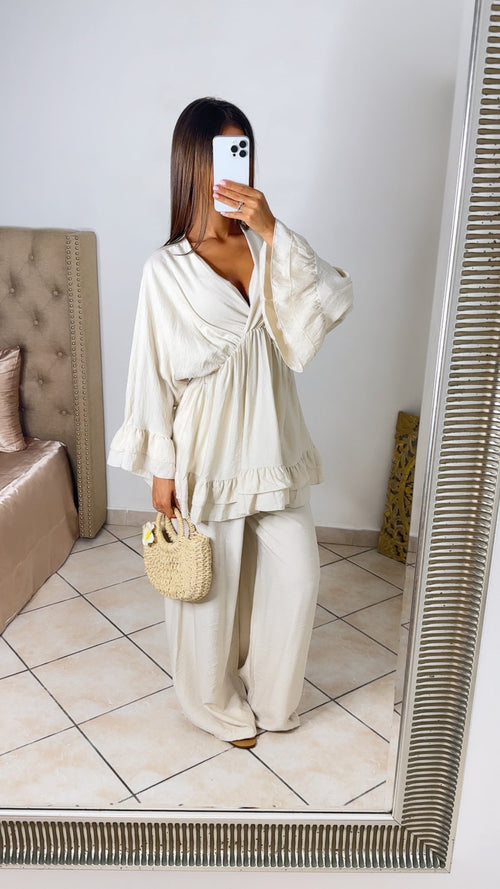 V Neck Oversized Set Ruffle Details - yellow