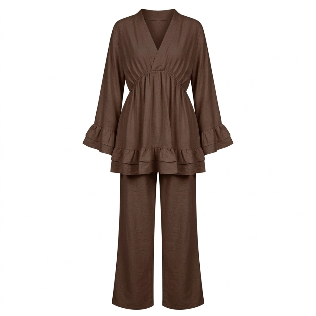 Dames Loungewear Set: Tuniek met Franjes en Matchende Pantalon - donker bruin