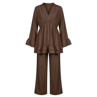 Dames Loungewear Set: Tuniek met Franjes en Matchende Pantalon - donker bruin
