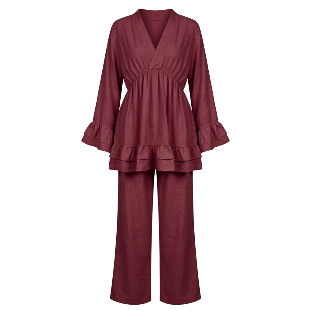 Dames Loungewear Set: Tuniek met Franjes en Matchende Pantalon - burgundy