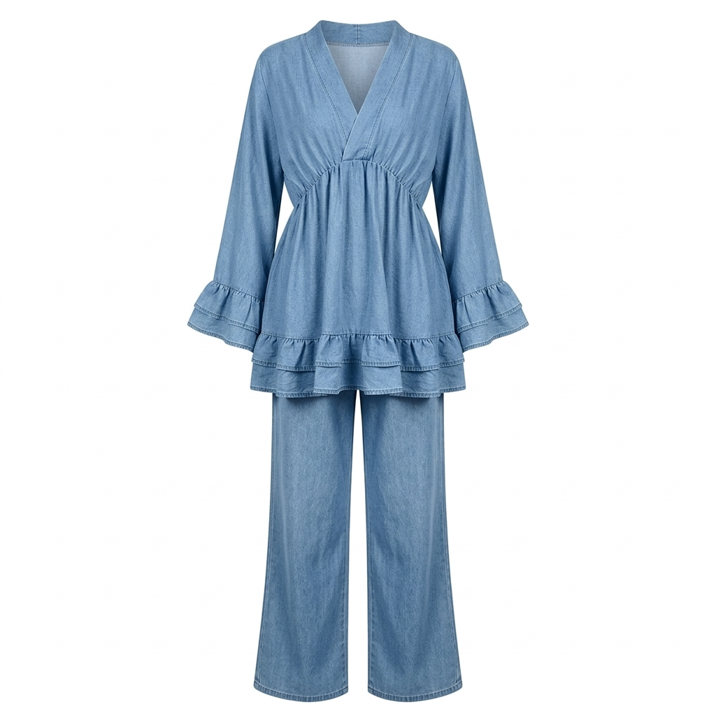 Dames Loungewear Set: Tuniek met Franjes en Matchende Pantalon - jeans blue
