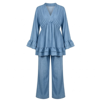 Dames Loungewear Set: Tuniek met Franjes en Matchende Pantalon - jeans blue