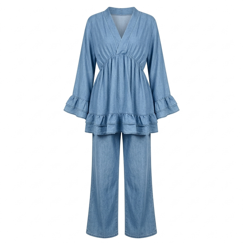 Dames Loungewear Set: Tuniek met Franjes en Matchende Pantalon - jeans blue