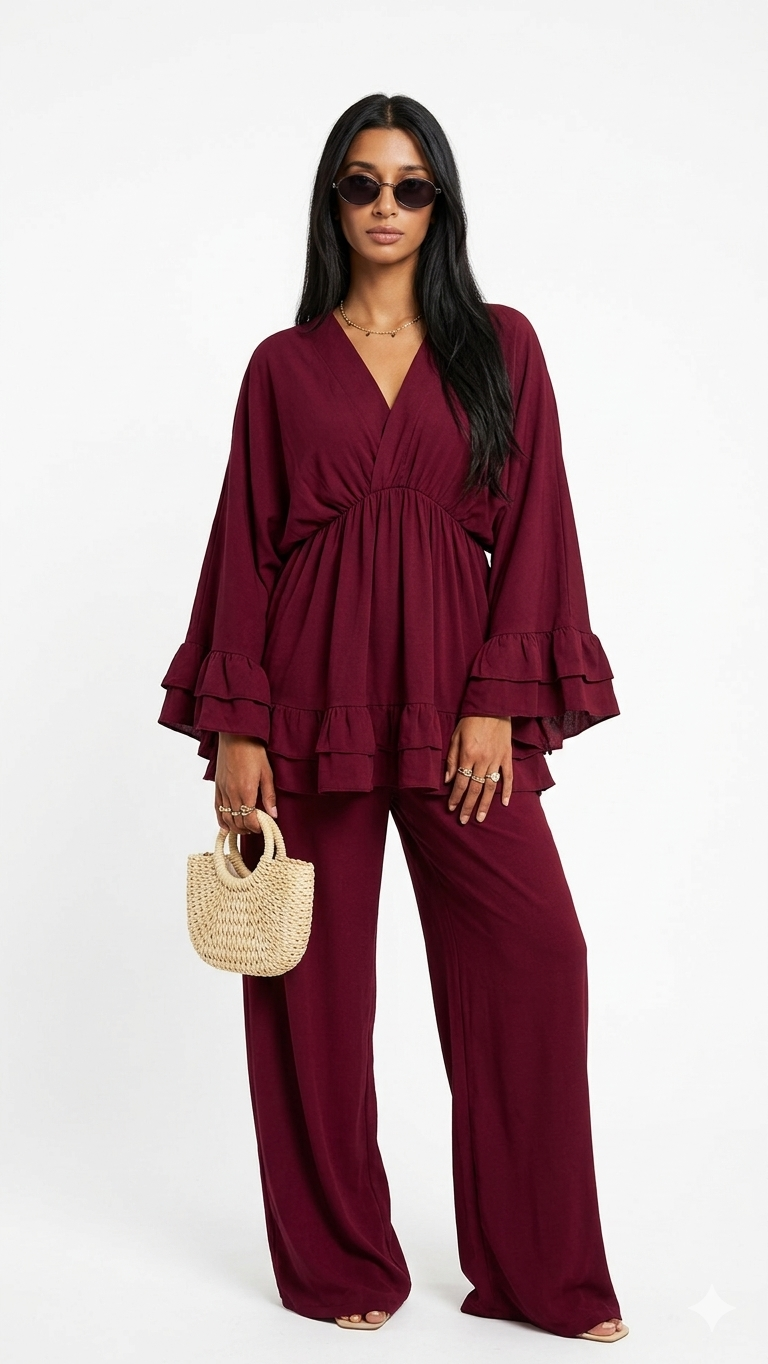 Dames Loungewear Set: Tuniek met Franjes en Matchende Pantalon - burgundy