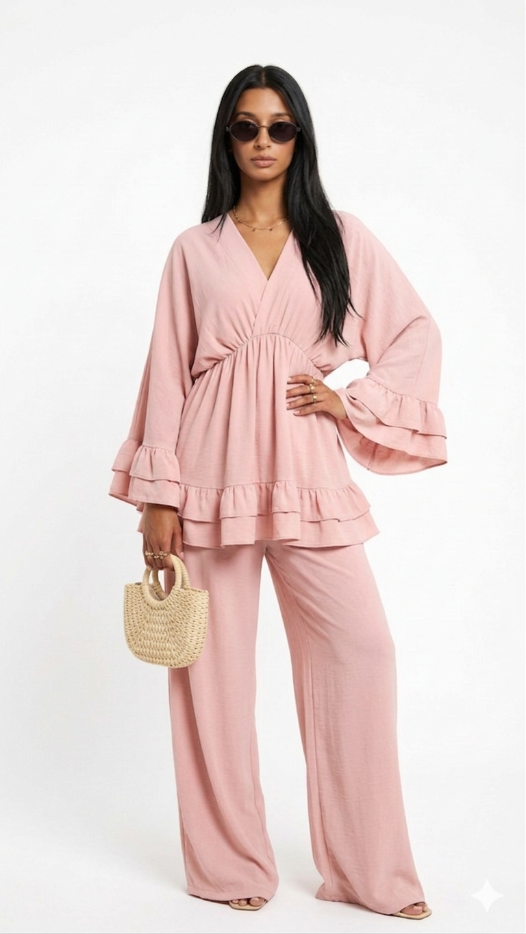 Dames Loungewear Set: Tuniek met Franjes en Matchende Pantalon - pink