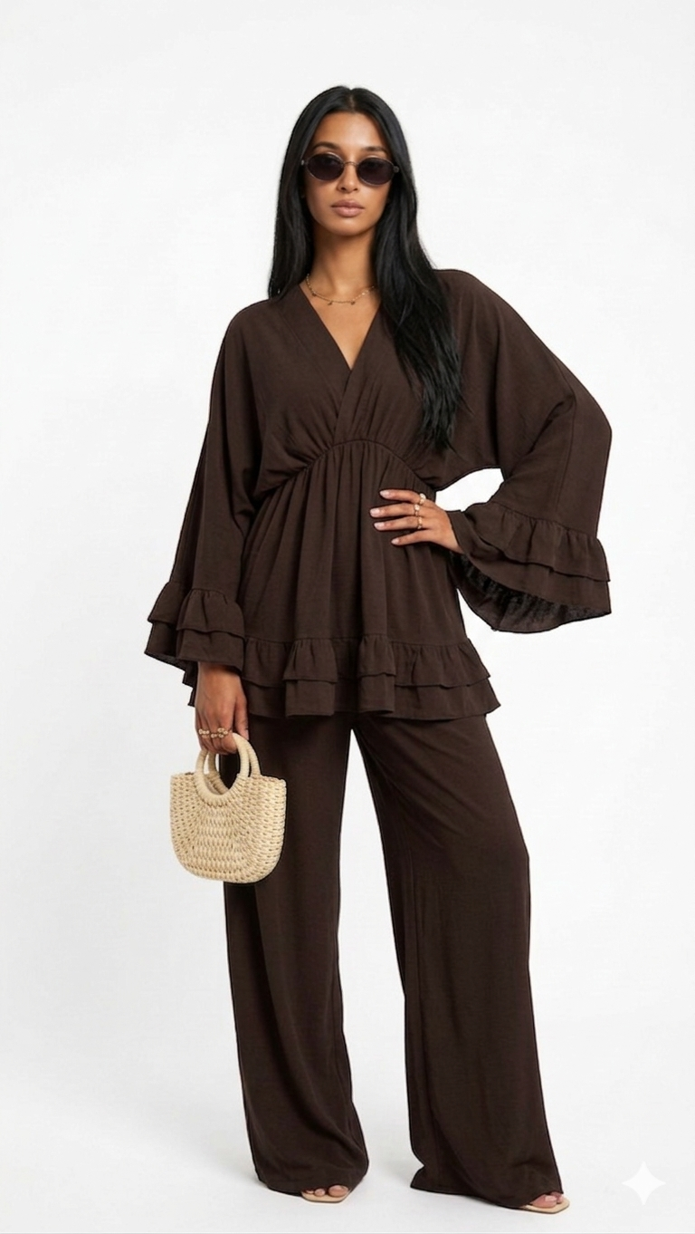 Dames Loungewear Set: Tuniek met Franjes en Matchende Pantalon - donker bruin