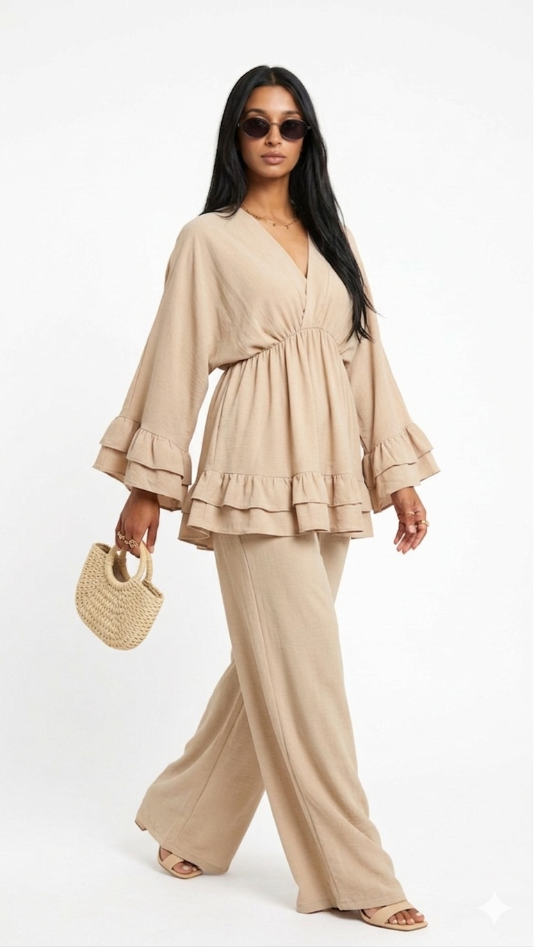 Dames Loungewear Set: Tuniek met Franjes en Matchende Pantalon - beige