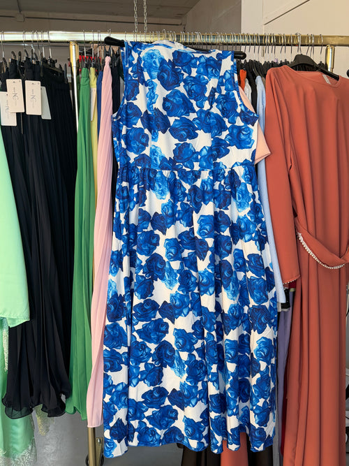Bibi blauwe witte bloemen jurk L en veren jurk navy
