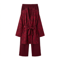 Bladeren kimono met rekbare broek - burgundy