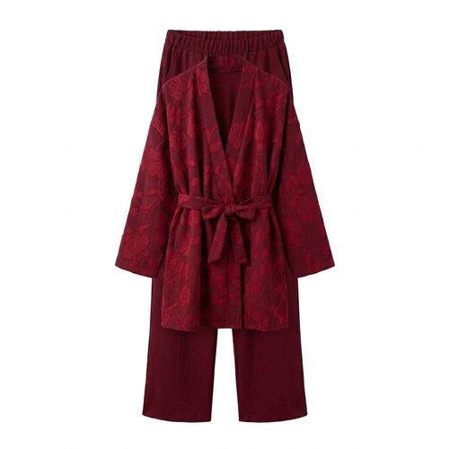 Bladeren kimono met rekbare broek - burgundy