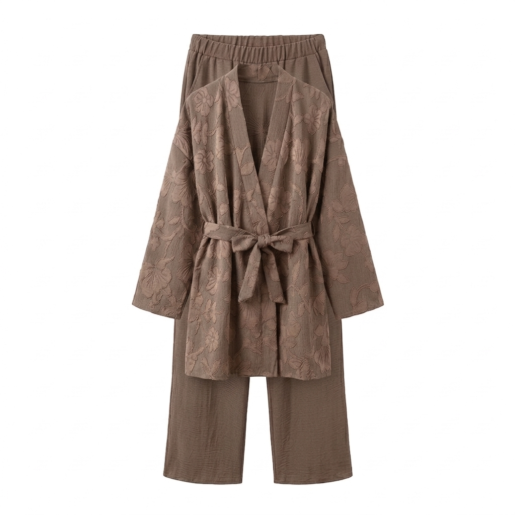 Bladeren kimono met rekbare broek - taupe