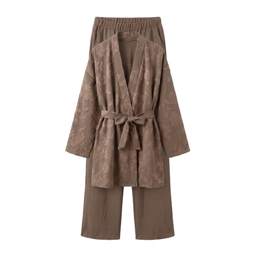 Bladeren kimono met rekbare broek - taupe