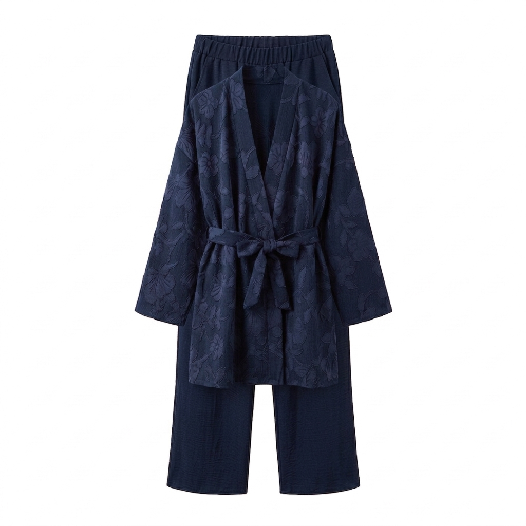Bladeren kimono met rekbare broek - navy