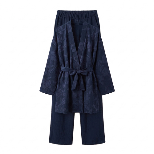 Bladeren kimono met rekbare broek - navy